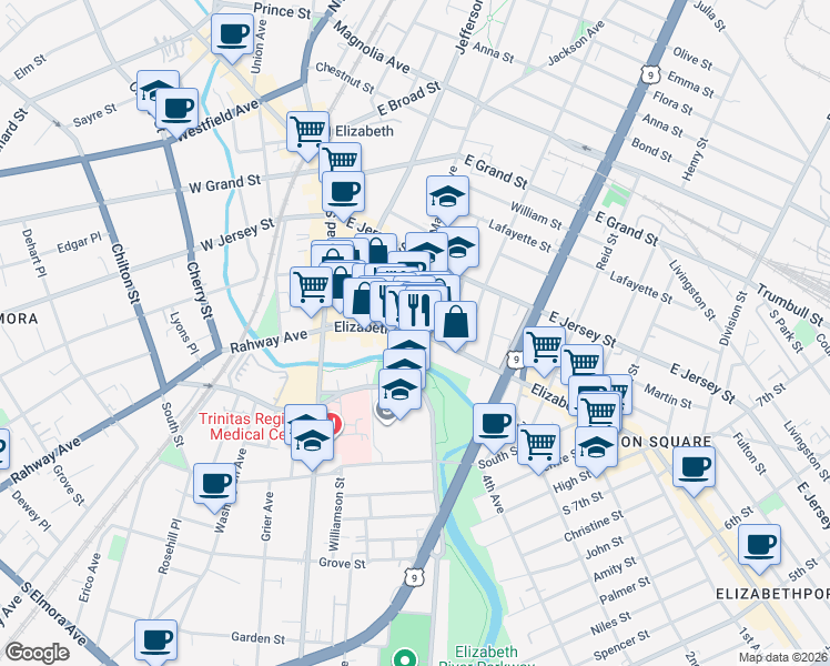 map of restaurants, bars, coffee shops, grocery stores, and more near 1104 Elizabeth Avenue in Elizabeth