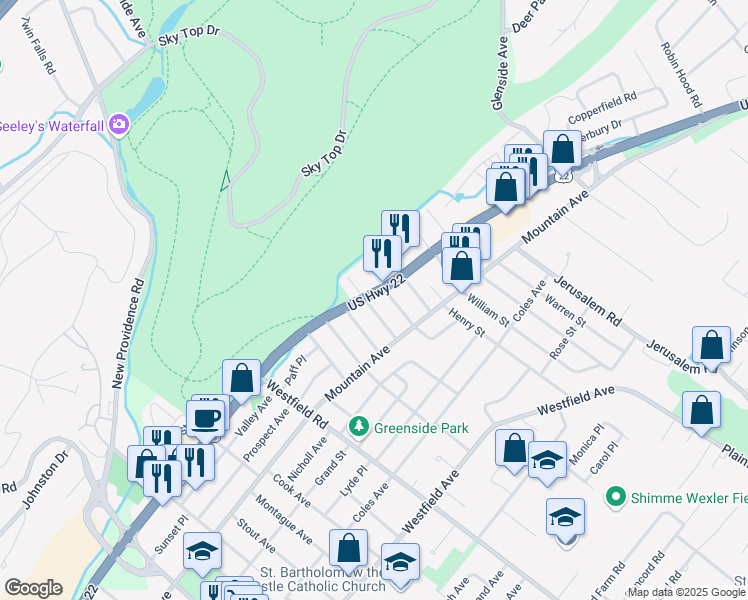 map of restaurants, bars, coffee shops, grocery stores, and more near 201 Mountainview Avenue in Scotch Plains