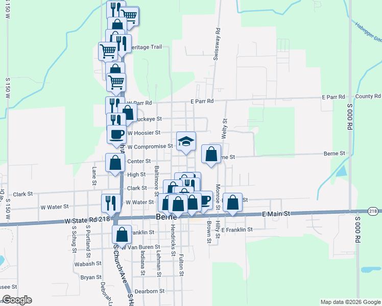 map of restaurants, bars, coffee shops, grocery stores, and more near 501-599 Behring Street in Berne