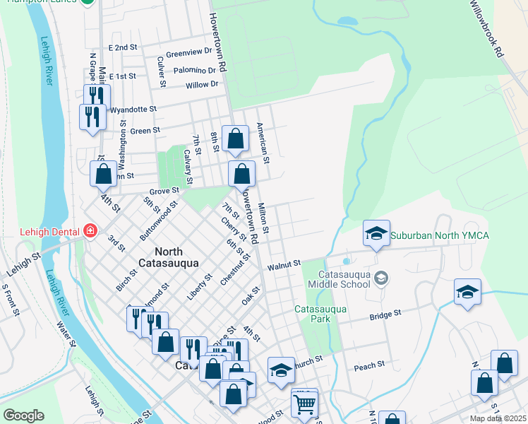 map of restaurants, bars, coffee shops, grocery stores, and more near 717 Chapel Street in Catasauqua