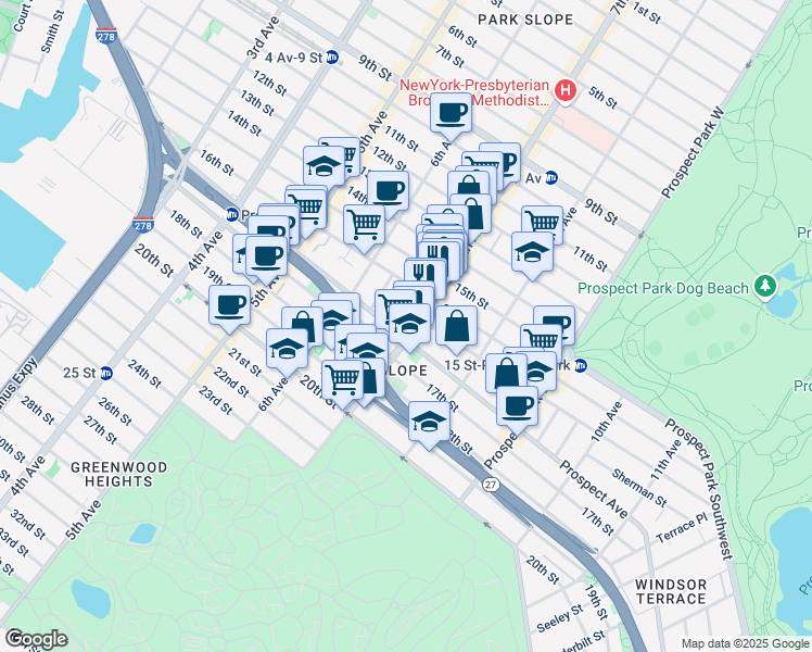 map of restaurants, bars, coffee shops, grocery stores, and more near 492 7th Avenue in Brooklyn
