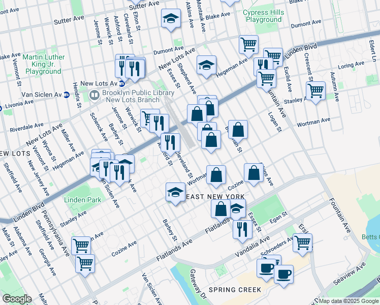 map of restaurants, bars, coffee shops, grocery stores, and more near Stanley Avenue in Brooklyn
