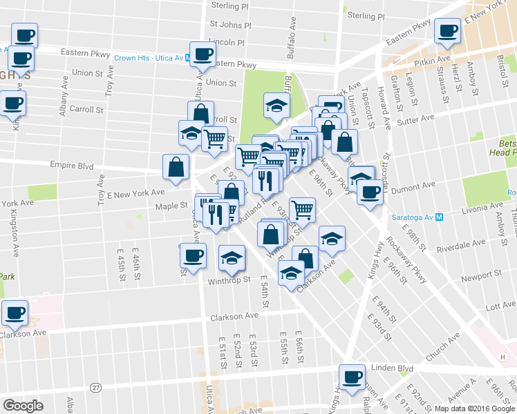 map of restaurants, bars, coffee shops, grocery stores, and more near 101 East 92nd Street in Brooklyn