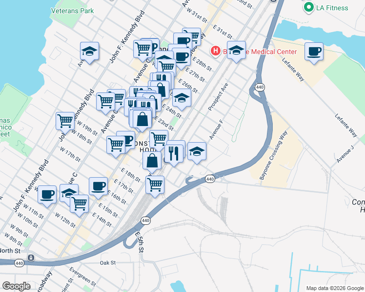map of restaurants, bars, coffee shops, grocery stores, and more near 71 Prospect Avenue in Bayonne