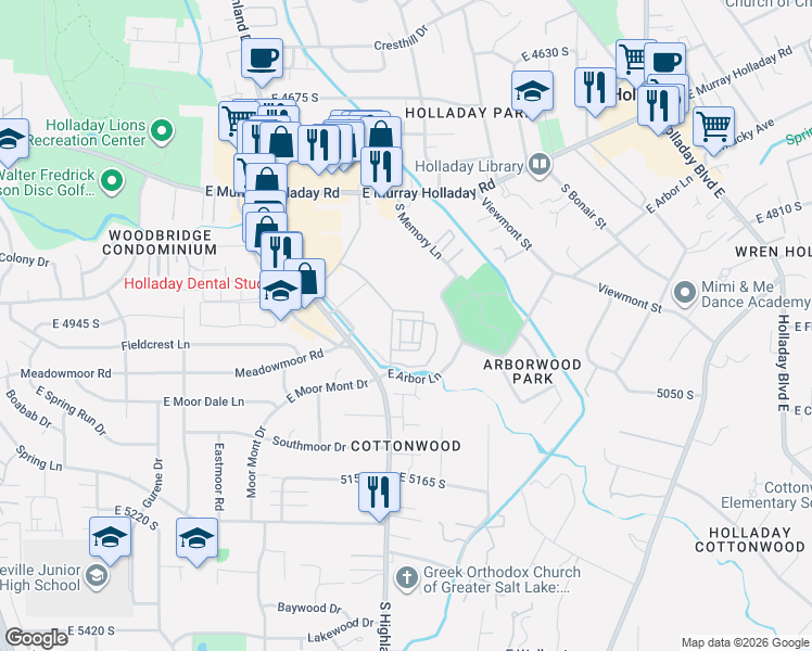 map of restaurants, bars, coffee shops, grocery stores, and more near 4890 South Memory Lane in Holladay