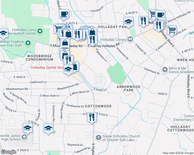 map of restaurants, bars, coffee shops, grocery stores, and more near 4890 South Memory Lane in Holladay