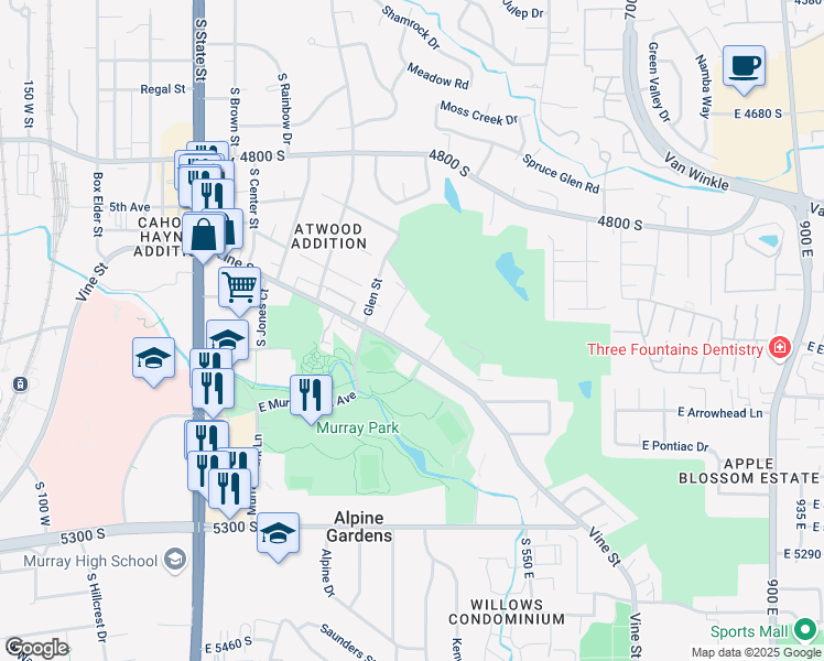 map of restaurants, bars, coffee shops, grocery stores, and more near 371 Vine Street in Murray