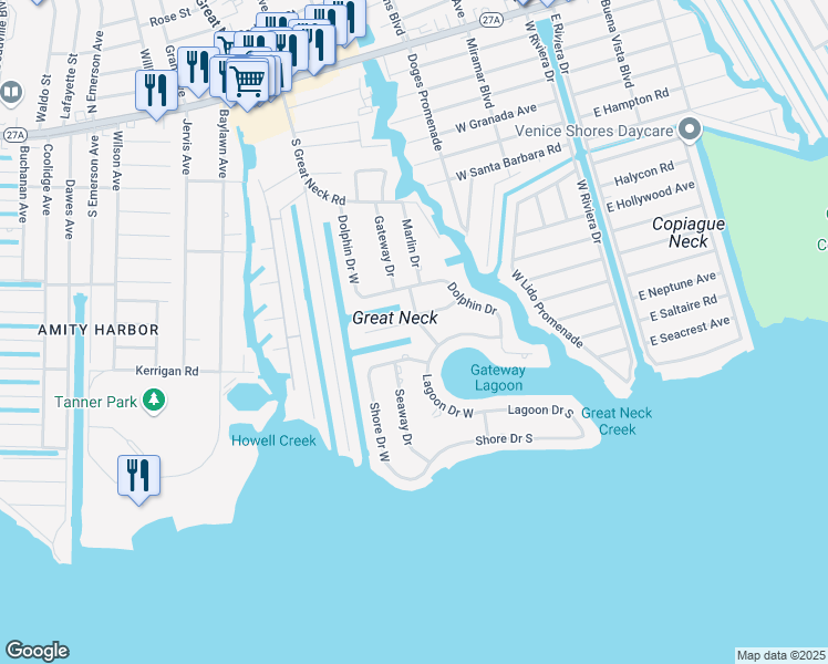 map of restaurants, bars, coffee shops, grocery stores, and more near 125 Schooner Lane in Copiague