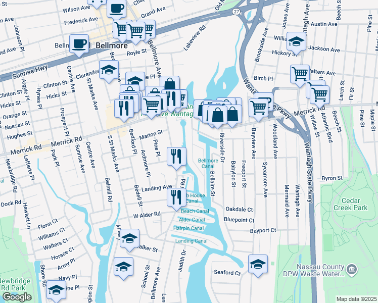 map of restaurants, bars, coffee shops, grocery stores, and more near 2364 Beverly Road in Wantagh