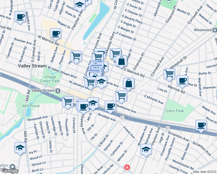 map of restaurants, bars, coffee shops, grocery stores, and more near 54 East Mineola Avenue in Valley Stream