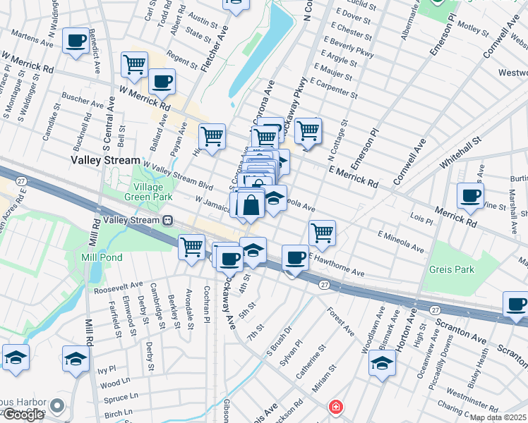 map of restaurants, bars, coffee shops, grocery stores, and more near 174 Rockaway Avenue in Valley Stream
