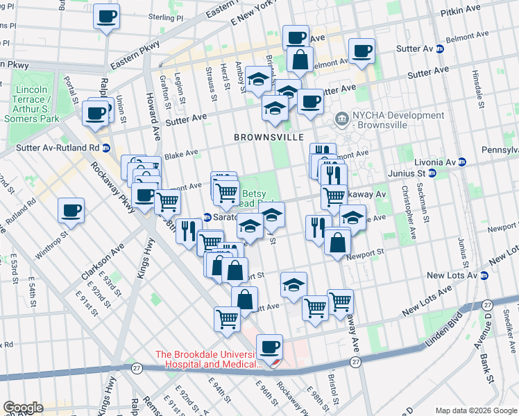 map of restaurants, bars, coffee shops, grocery stores, and more near 166 Livonia Avenue in Brooklyn