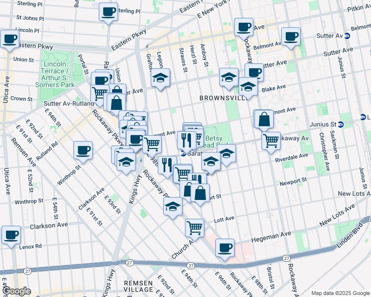 map of restaurants, bars, coffee shops, grocery stores, and more near 767 Saratoga Avenue in Brooklyn