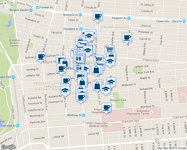 map of restaurants, bars, coffee shops, grocery stores, and more near 429 Lincoln Road in Brooklyn