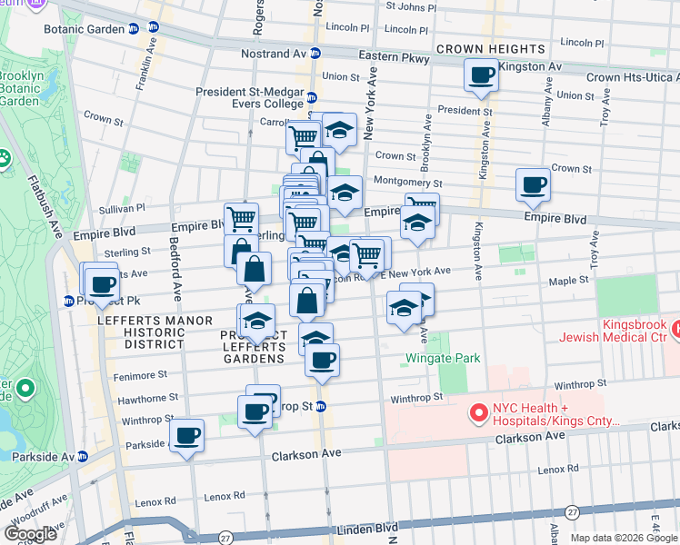 map of restaurants, bars, coffee shops, grocery stores, and more near 379 Lincoln Road in Brooklyn