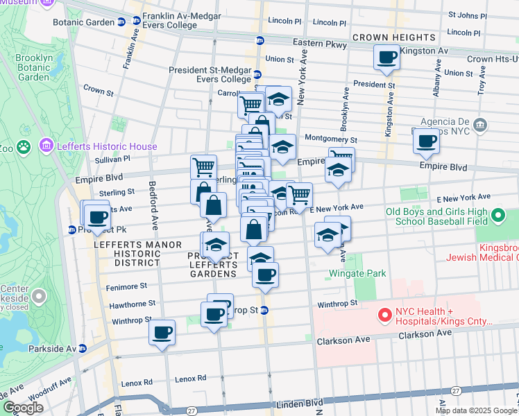map of restaurants, bars, coffee shops, grocery stores, and more near 379 Lincoln Road in Brooklyn