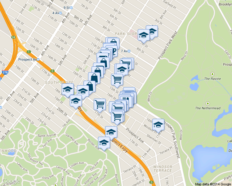map of restaurants, bars, coffee shops, grocery stores, and more near 423 15th Street in Brooklyn