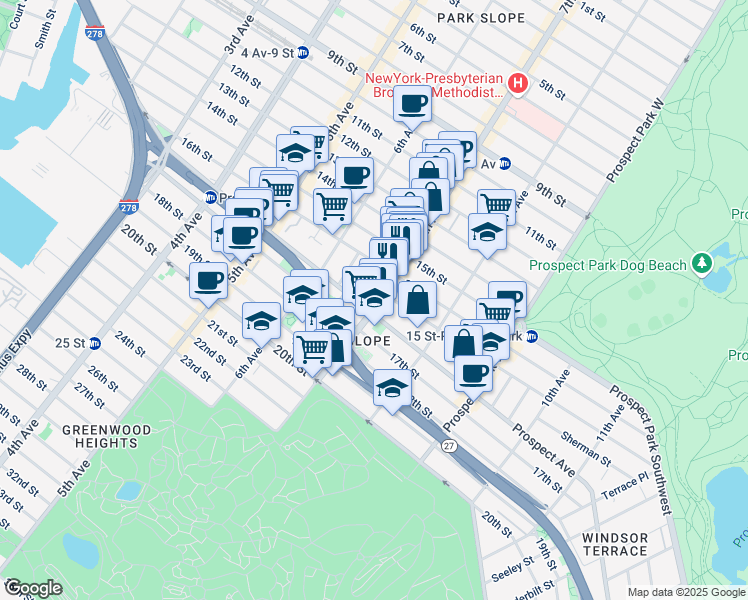 map of restaurants, bars, coffee shops, grocery stores, and more near 373 Prospect Avenue in Brooklyn