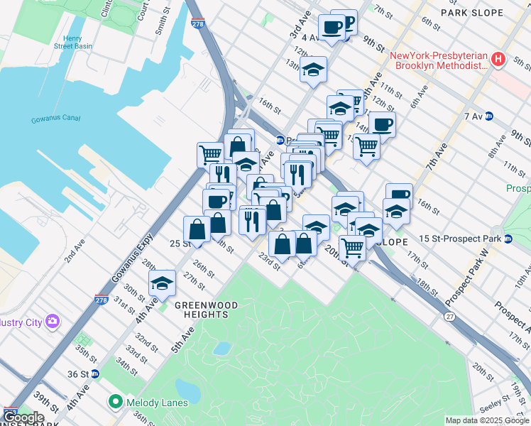map of restaurants, bars, coffee shops, grocery stores, and more near 696 5th Avenue in Brooklyn