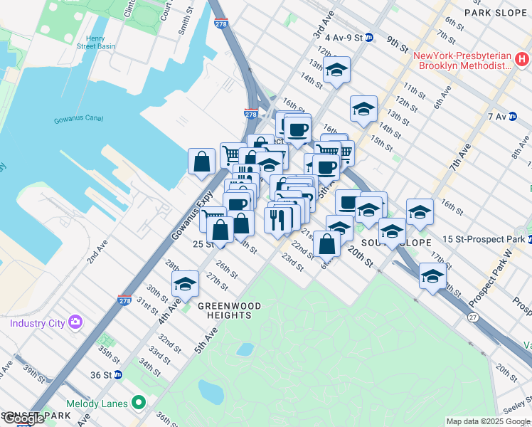 map of restaurants, bars, coffee shops, grocery stores, and more near 200 21st Street in Brooklyn