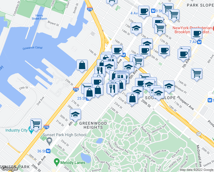 map of restaurants, bars, coffee shops, grocery stores, and more near 200 21st Street in Brooklyn