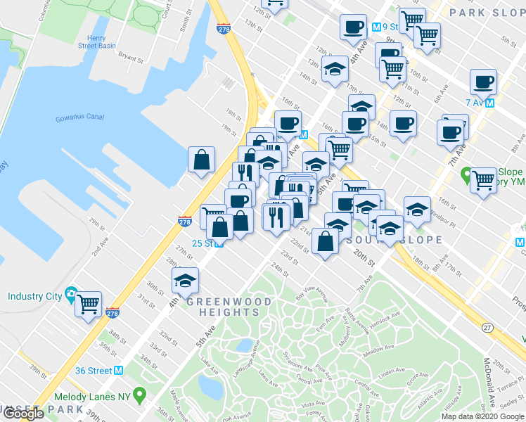 map of restaurants, bars, coffee shops, grocery stores, and more near 200 21st Street in Brooklyn