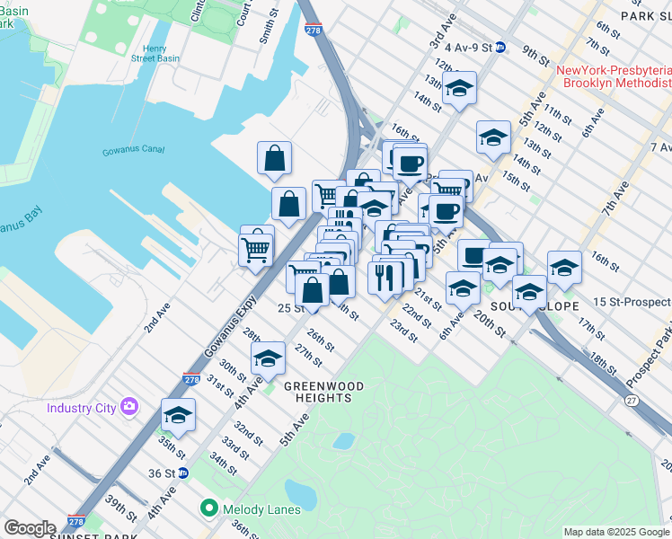 map of restaurants, bars, coffee shops, grocery stores, and more near 714 4th Avenue in Brooklyn