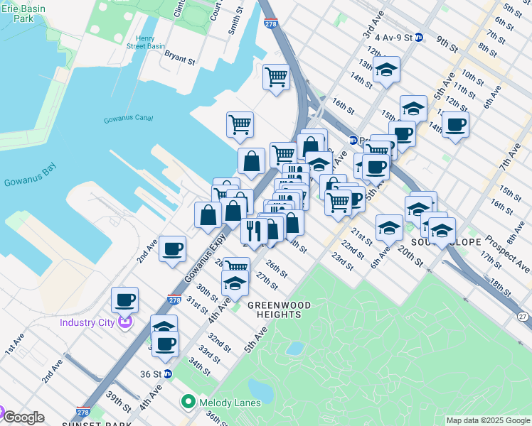 map of restaurants, bars, coffee shops, grocery stores, and more near 148 23rd Street in Brooklyn