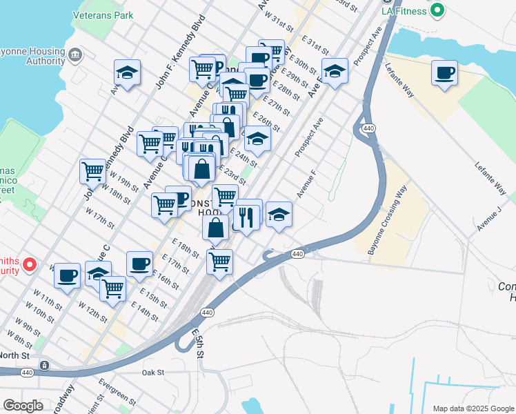 map of restaurants, bars, coffee shops, grocery stores, and more near 71 Prospect Avenue in Bayonne
