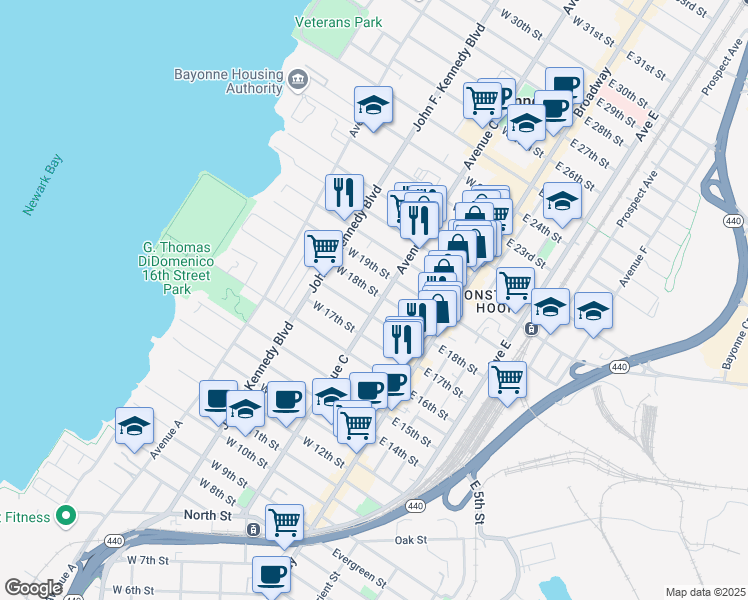 map of restaurants, bars, coffee shops, grocery stores, and more near 66 West 18th Street in Bayonne
