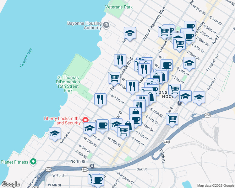 map of restaurants, bars, coffee shops, grocery stores, and more near 94 Andrew Street in Bayonne