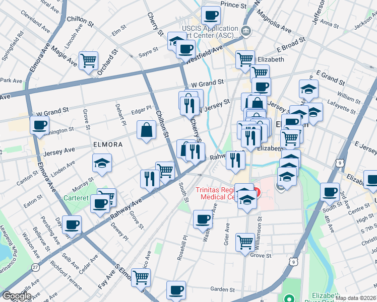 map of restaurants, bars, coffee shops, grocery stores, and more near 21 Lyons Place in Elizabeth