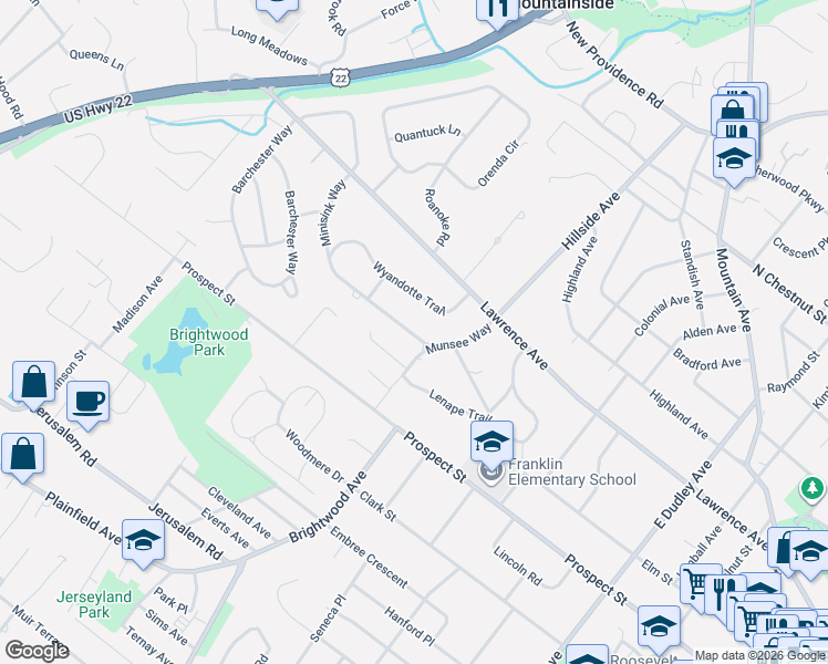 map of restaurants, bars, coffee shops, grocery stores, and more near 925 Minisink Way in Westfield