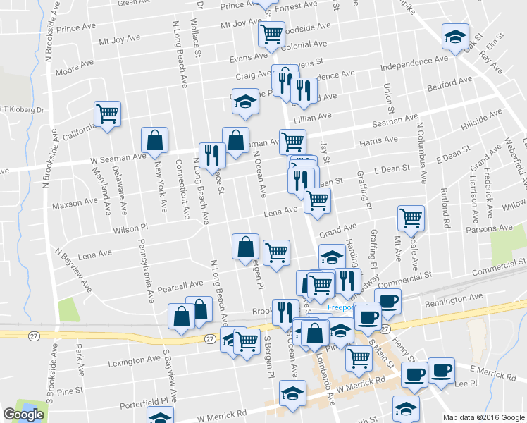 map of restaurants, bars, coffee shops, grocery stores, and more near 56 Lena Avenue in Freeport