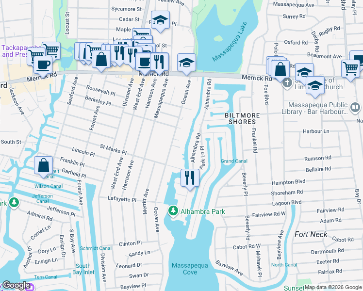 map of restaurants, bars, coffee shops, grocery stores, and more near 131A Ocean Avenue in Massapequa