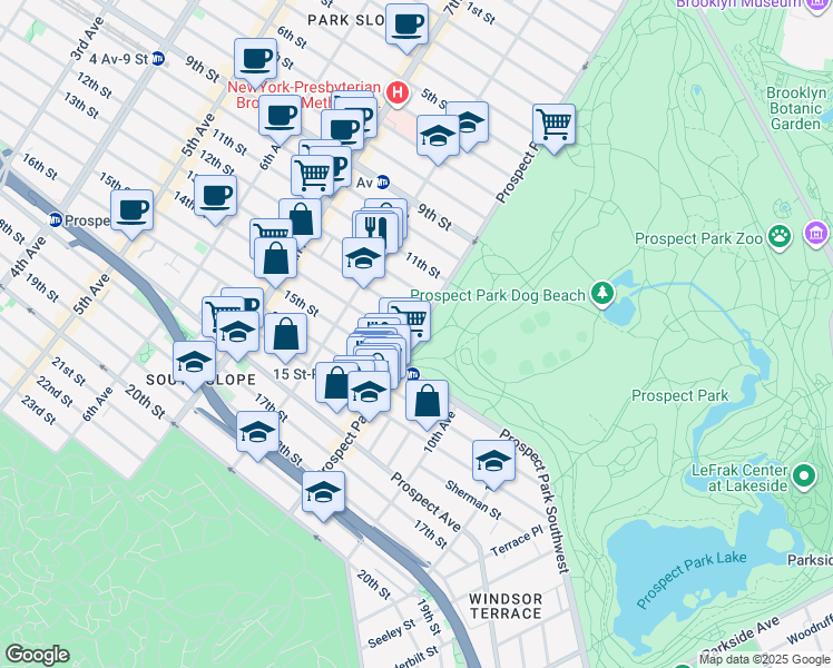 map of restaurants, bars, coffee shops, grocery stores, and more near 185 Prospect Park West in Brooklyn
