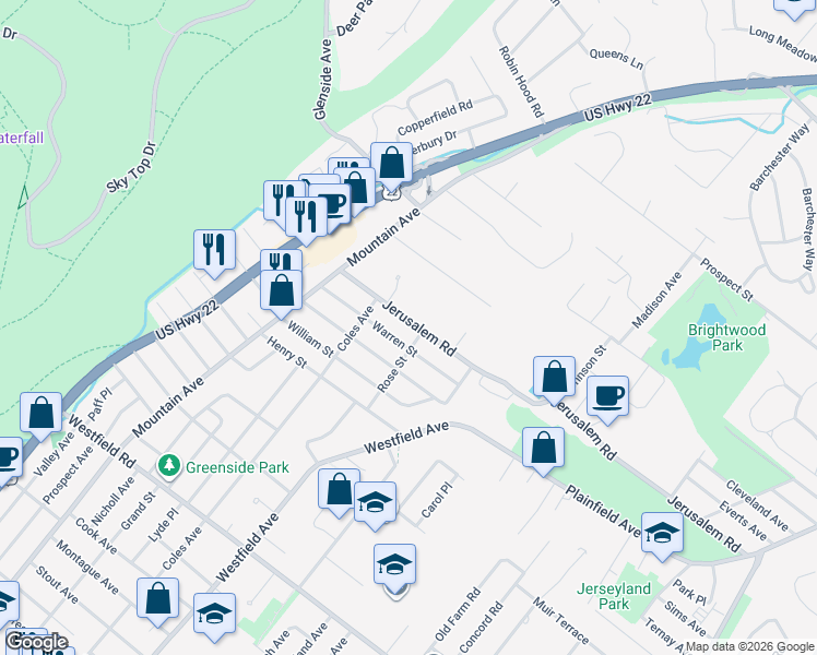 map of restaurants, bars, coffee shops, grocery stores, and more near 432 Jerusalem Road in Scotch Plains