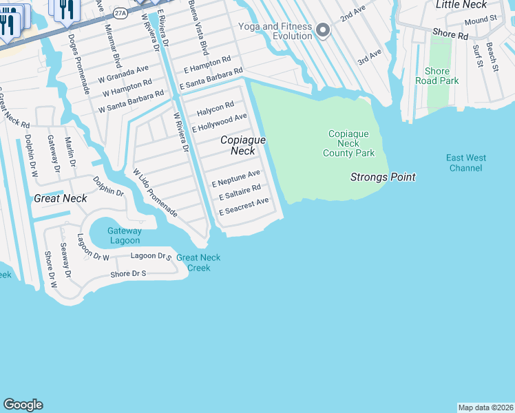 map of restaurants, bars, coffee shops, grocery stores, and more near 33 East Seacrest Avenue in Lindenhurst