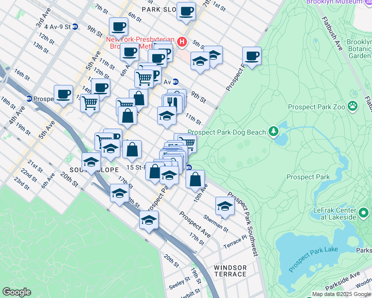 map of restaurants, bars, coffee shops, grocery stores, and more near 185 Prospect Park West in Brooklyn