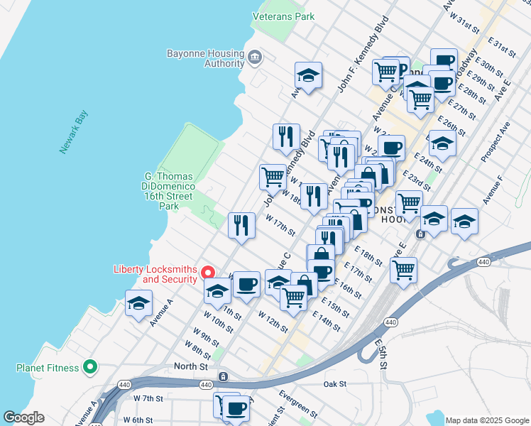 map of restaurants, bars, coffee shops, grocery stores, and more near 458 John F. Kennedy Boulevard in Bayonne