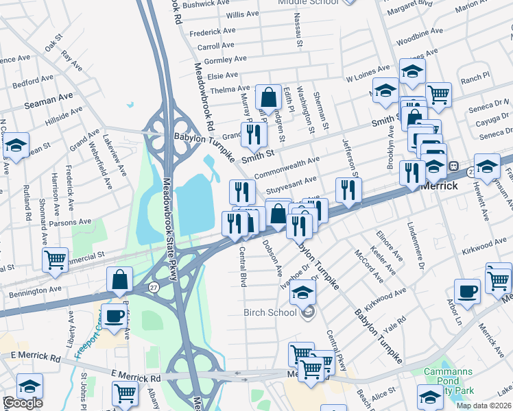 map of restaurants, bars, coffee shops, grocery stores, and more near 180 Bedford Avenue in Merrick