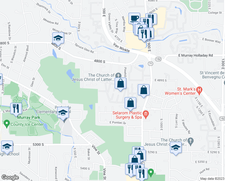 map of restaurants, bars, coffee shops, grocery stores, and more near 745 3 Fountains Circle in Murray