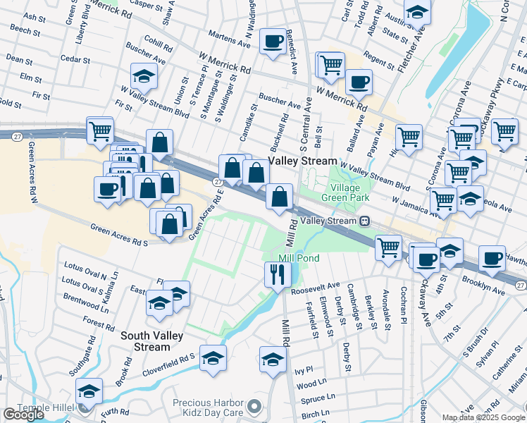 map of restaurants, bars, coffee shops, grocery stores, and more near 300 Sunrise Highway in Valley Stream
