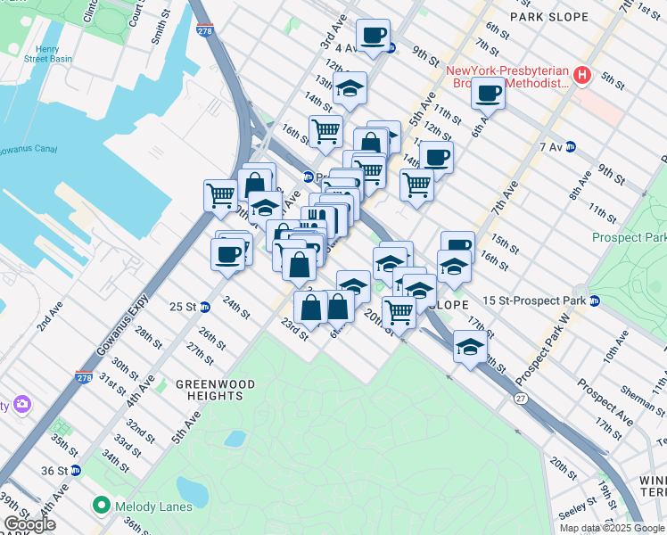 map of restaurants, bars, coffee shops, grocery stores, and more near 252 19th Street in Brooklyn