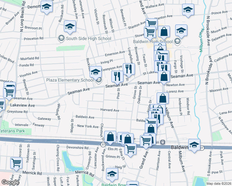 map of restaurants, bars, coffee shops, grocery stores, and more near 2000 Pine Street in Baldwin