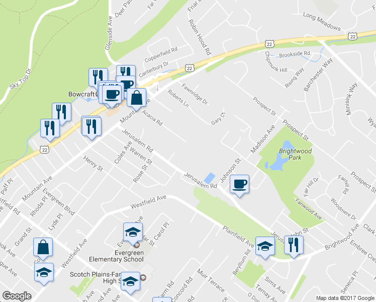 map of restaurants, bars, coffee shops, grocery stores, and more near 412 Acacia Road in Scotch Plains
