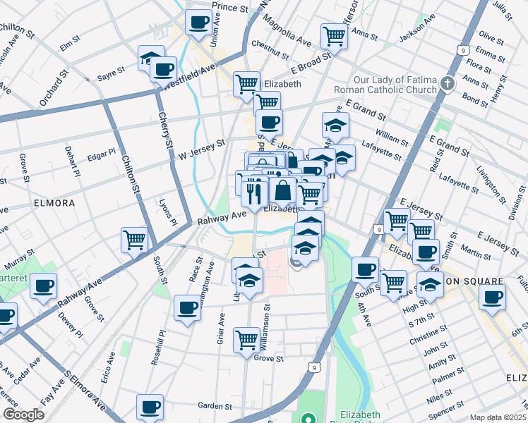 map of restaurants, bars, coffee shops, grocery stores, and more near 1164 Elizabeth Avenue in Elizabeth