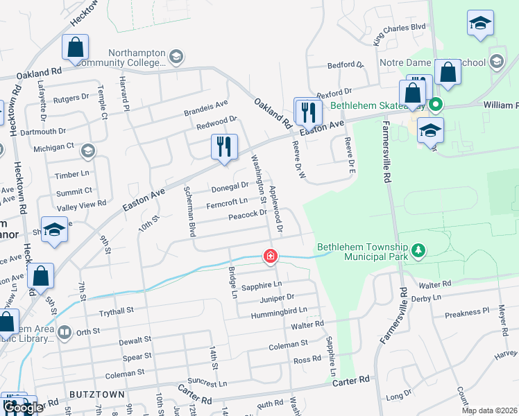 map of restaurants, bars, coffee shops, grocery stores, and more near 4101 Peacock Drive in Bethlehem