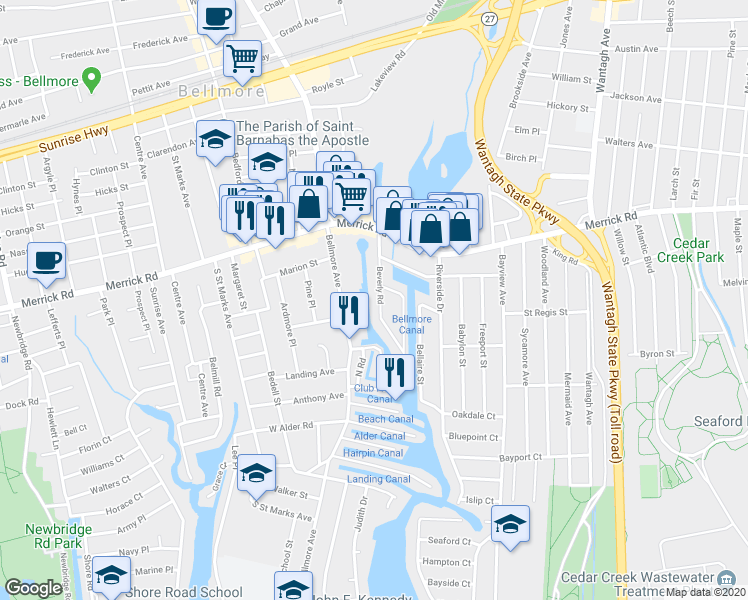 map of restaurants, bars, coffee shops, grocery stores, and more near 2364 Beverly Road in Wantagh