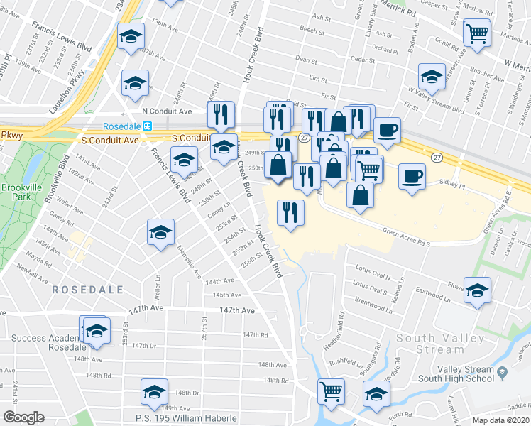 map of restaurants, bars, coffee shops, grocery stores, and more near 142-17 Hook Creek Boulevard in Queens